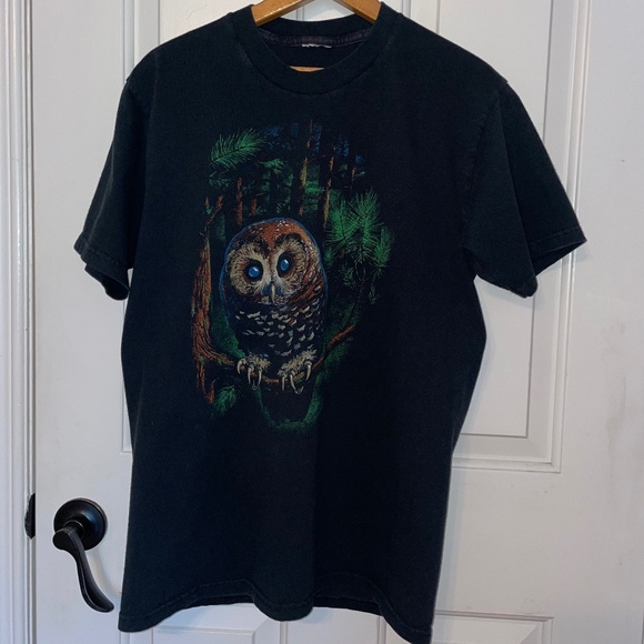 Graphic T-Shirt – Owl in Pine Tree – Faded Black – Men’s Small (No Tag) - Picture 2 of 9